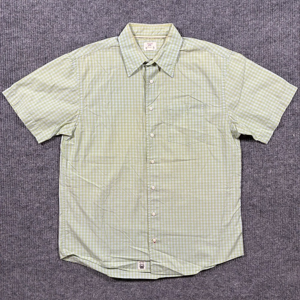 Trevero Mens Button Up Shirt L Yellow Gingham Short Sleeve Cotton Preppy Casual